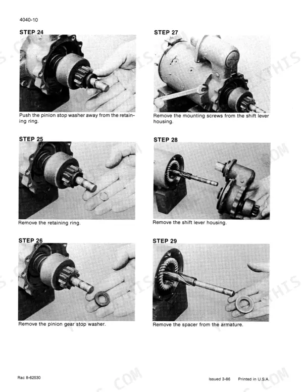 Case cotton picker starting motor drive pinion and retaining ring service illustration
