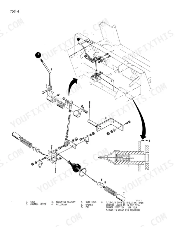 case-1845b-service-manual-brakes-926.webp Case 1845B skid steer loader Exploded view of the parking brake lever and linkage assembly