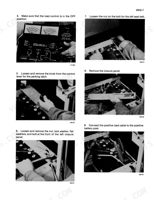 Case 1845B skid steer loader Step-by-step photos for removing the battery cover and disconnecting the battery cable