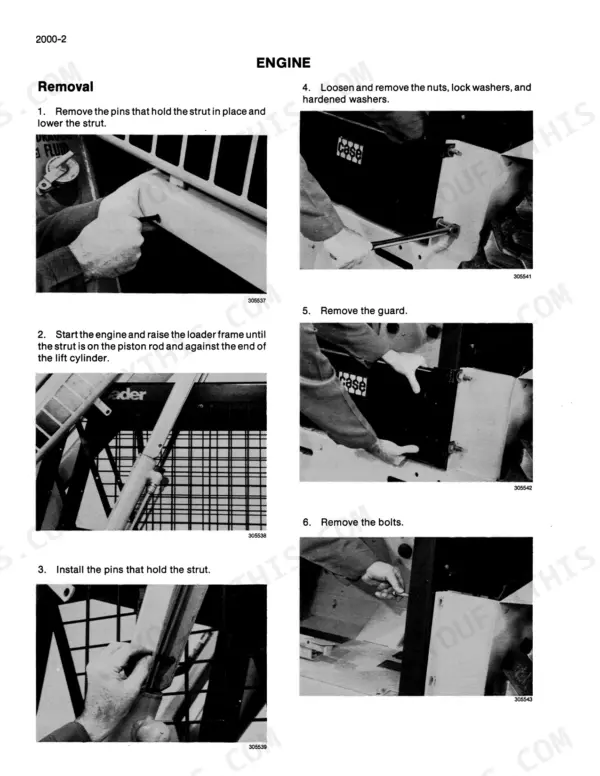 Case 1845B skid steer loader Engine removal procedure with numbered step photos