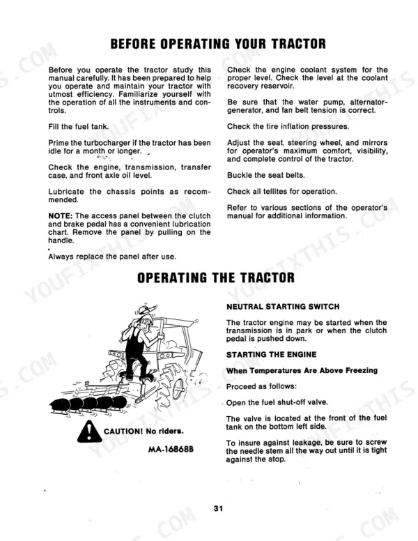 Case 6388, 6588, 6788 operator manual page covering pre-operation checks, starting procedures, and engine startup instructions.