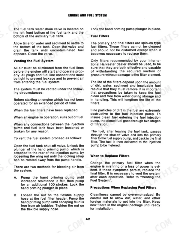 Case 6388, 6588, 6788 engine fuel system procedures for venting air, draining water, and replacing fuel filters.