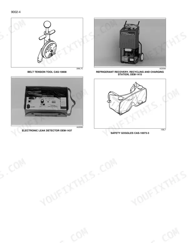 Case 821F, 921F wheel loader Air conditioning special tools: belt tension tool, refrigerant recovery station and leak detector