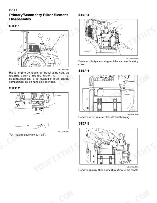 Case 821F, 921F wheel loader Primary and secondary air filter element disassembly, step-by-step photos