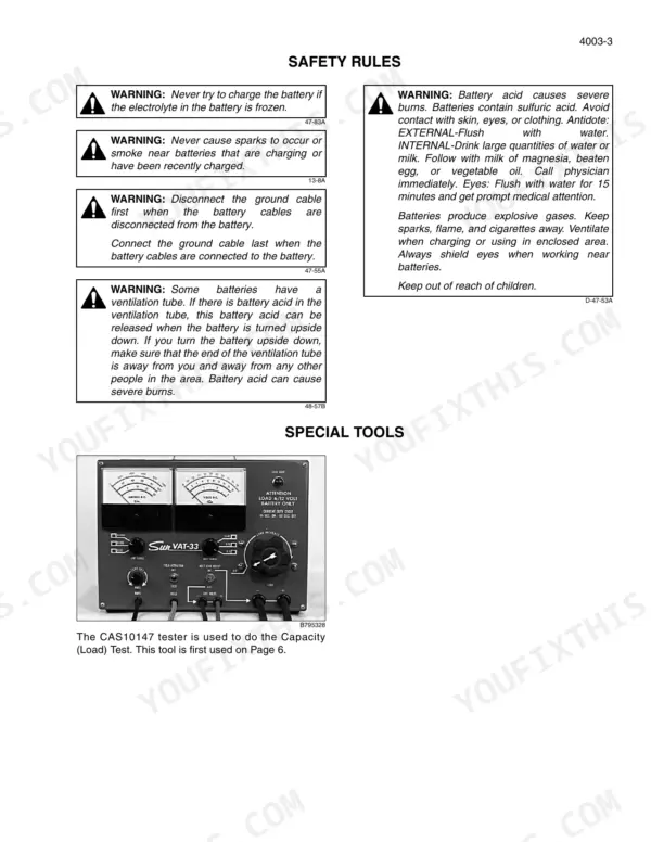 Case 821F, 921F wheel loader Battery safety rules and the battery tester listed under special tools