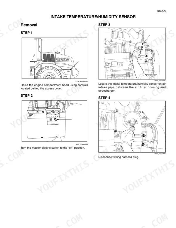 Case 821F, 921F wheel loader Intake temperature and humidity sensor removal steps with photos