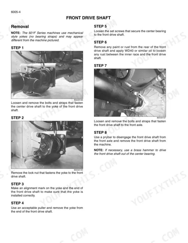 Case 821F, 921F wheel loader Front drive shaft removal steps with photos