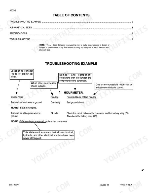 Case 9010 service manual page showing a troubleshooting example for the hourmeter electrical circuit and test procedures.
