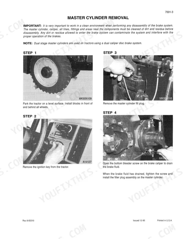 case-9350-service-manual-brakes-1085.webp Case 9350 tractor Master cylinder removal steps with photos of the brake caliper and bleeder screw