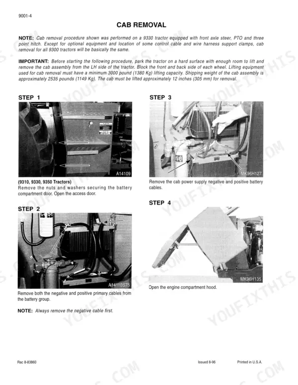 Case 9350 tractor Cab removal procedure with step photos of battery cables and engine compartment