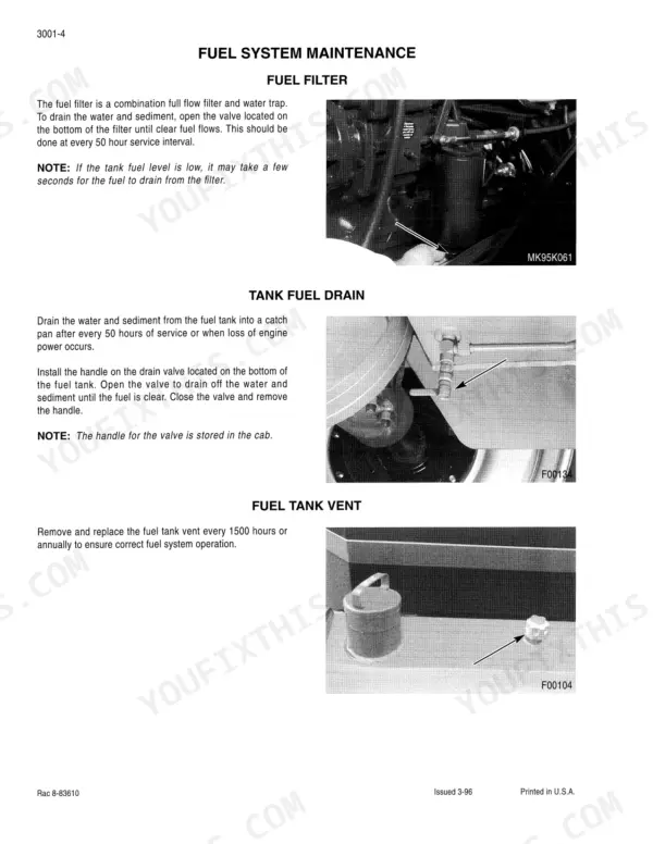 Case 9350 tractor Fuel filter, tank fuel drain and tank vent maintenance with photos