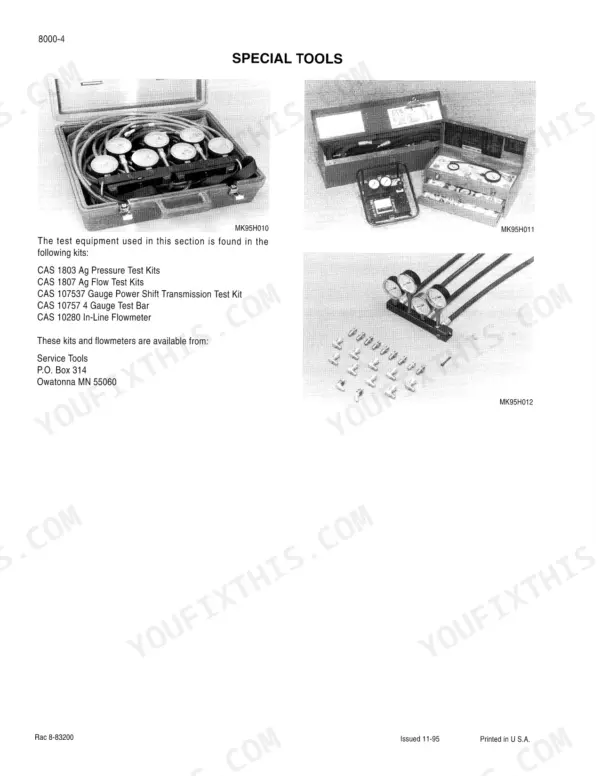 Case 9350 tractor Hydraulic special tools: pressure and flow test kits with gauges
