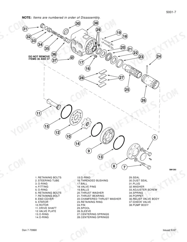 case-c50-c100-series-tractor-service-manual-7-70900-exploded-view-118.webp Case C50, C60, C70, C80, C90, C100 exploded view diagram of steering control unit components, pump body, and valve assembly.