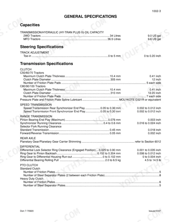 Case C50, C60, C70, C80, C90, C100 general specifications table for oil capacities, steering, transmission, and differential.
