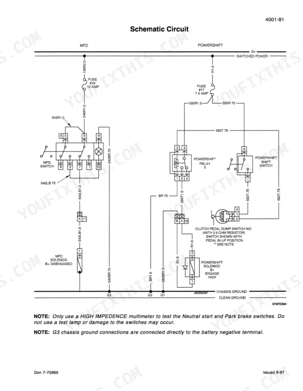 Case C50, C60, C70, C80, C90, C100 wiring schematic for MFD and powershift circuits including solenoids and switches.