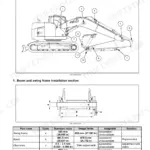 Case CX235C SR crawler excavator boom service limits table, boom and swing frame installation section