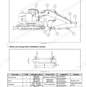 Case CX235C SR crawler excavator boom service limits table, boom and swing frame installation section