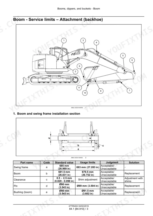 case-cx235c-sr-service-manual-booms-dippers-and-buckets-2642.webp Case CX235C SR crawler excavator boom service limits table, boom and swing frame installation section