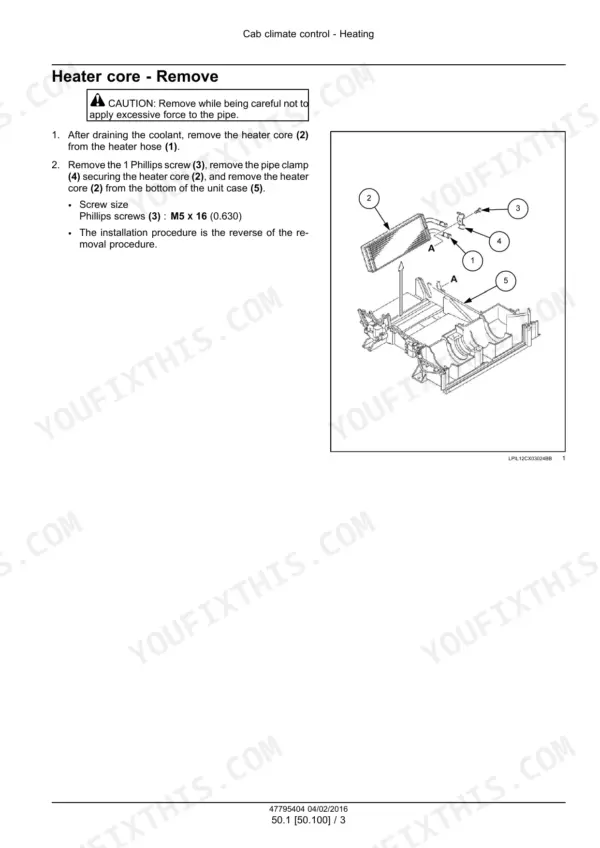 Case CX235C SR crawler excavator heater core removal from the heater hose