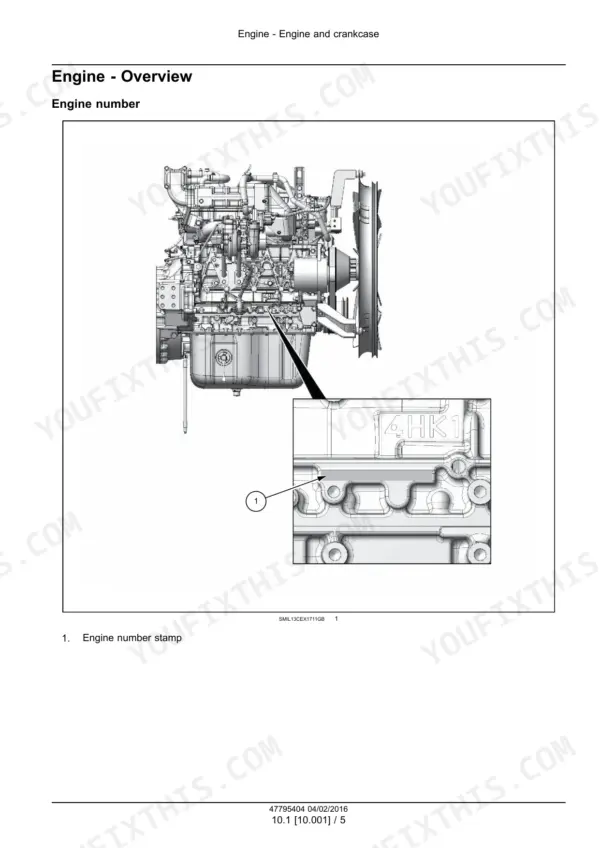 Case CX235C SR crawler excavator engine overview, engine number stamp location