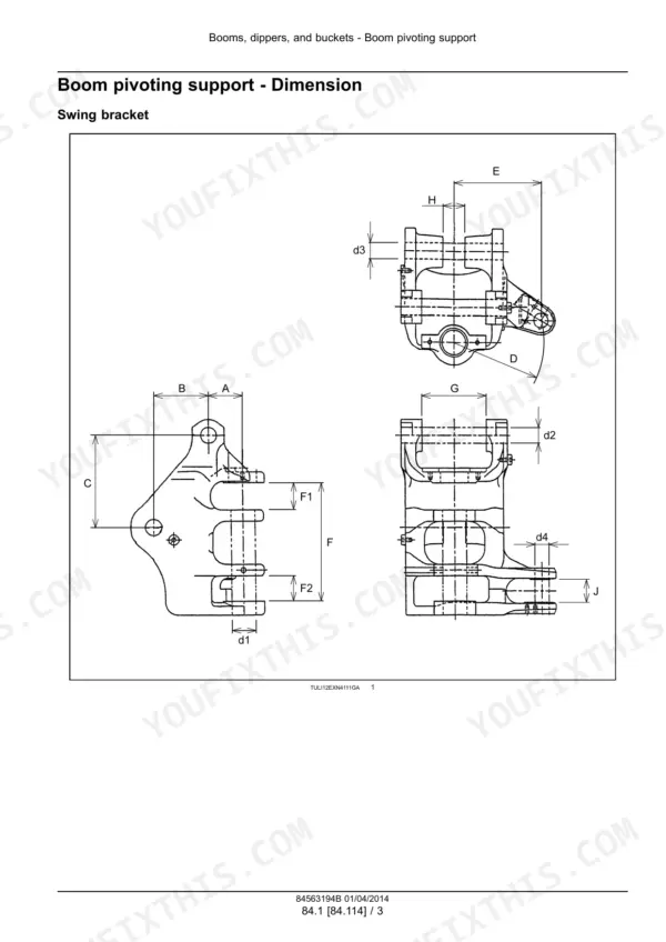 case-cx26b-cx30b-mini-excavator-service-manual-84563194b-booms-dippers-and-buckets-976.webp Case CX26B, CX30B mini excavator Swing bracket dimension drawing for the boom pivoting support
