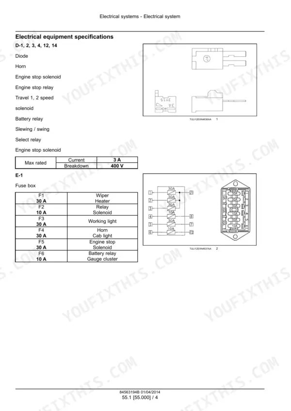 Case CX26B, CX30B mini excavator Electrical equipment specifications table with fuse box layout and relay data