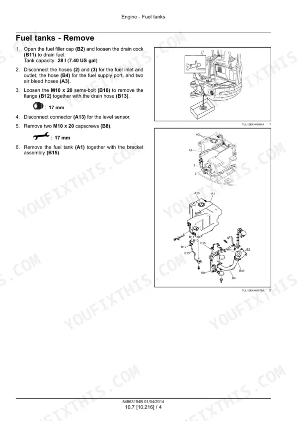 Case CX26B, CX30B mini excavator Fuel tank removal steps with hose, sender and mounting bolt illustrations