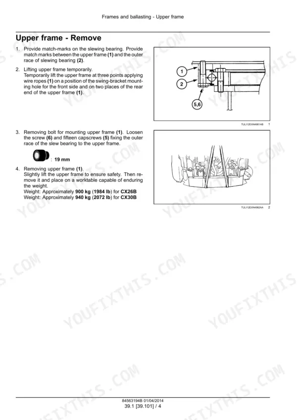 Case CX26B, CX30B mini excavator Upper frame removal procedure with lifting point illustrations