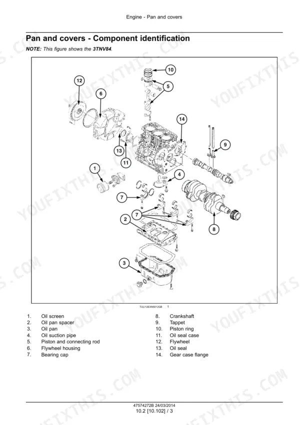 Case CX35B, CX39B mini excavator Exploded view of engine pan and covers with numbered component list