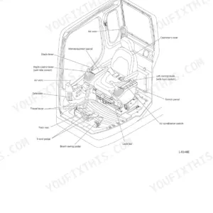 Case CX80 operator cab diagram showing location of controls, levers, pedals, seat, and switch panels.