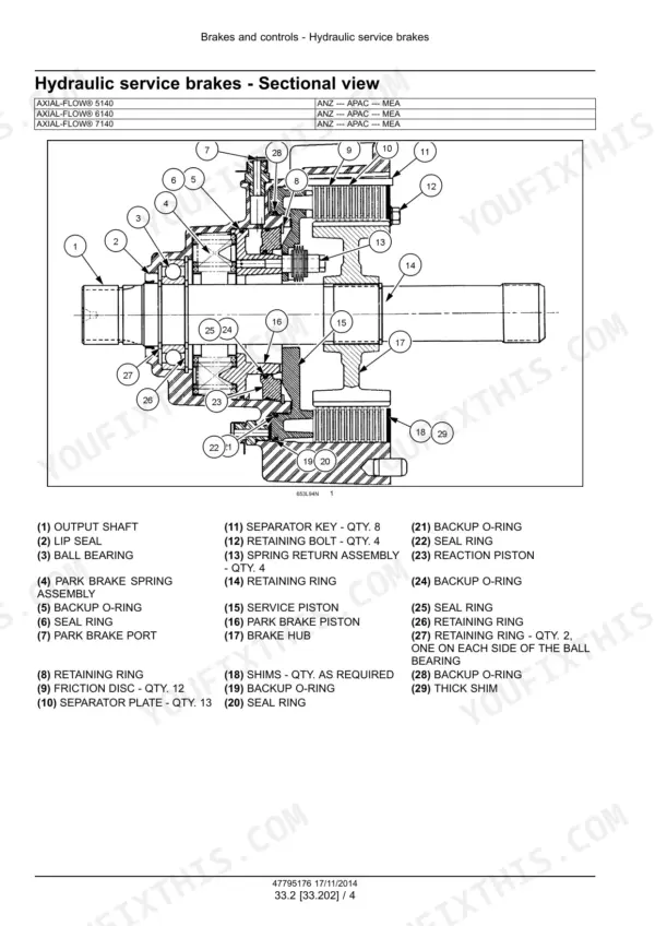 Case IH Axial-Flow 5140, 6140, 7140 combine hydraulic service brake sectional view with parts callouts