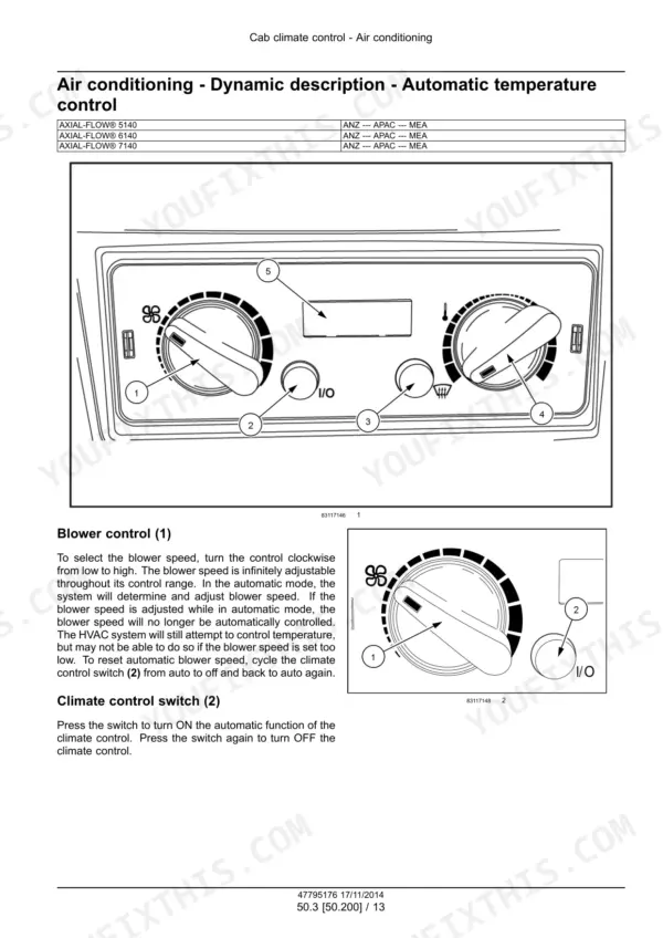 Case IH Axial-Flow 5140, 6140, 7140 combine automatic temperature control: blower and climate control switch description