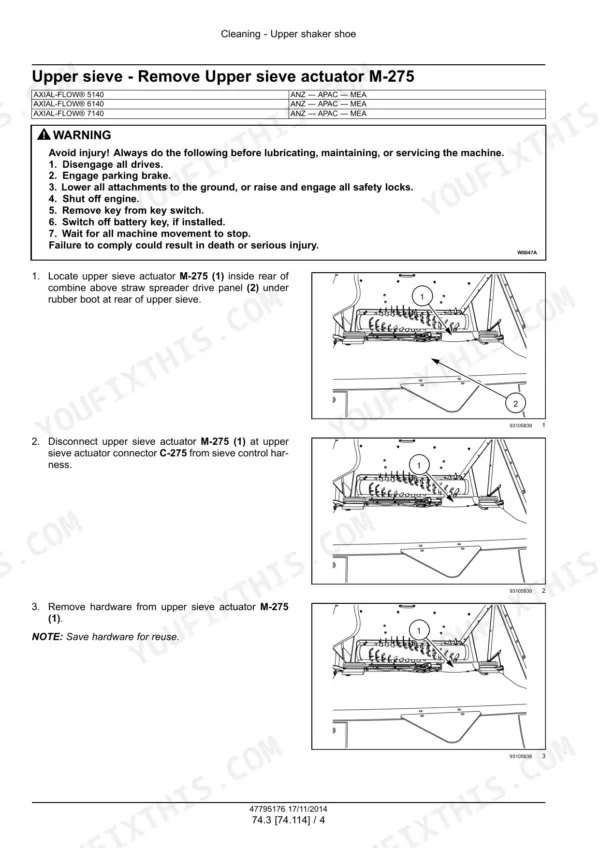 Case IH Axial-Flow 5140, 6140, 7140 combine upper sieve actuator M-275 removal procedure with safety warning