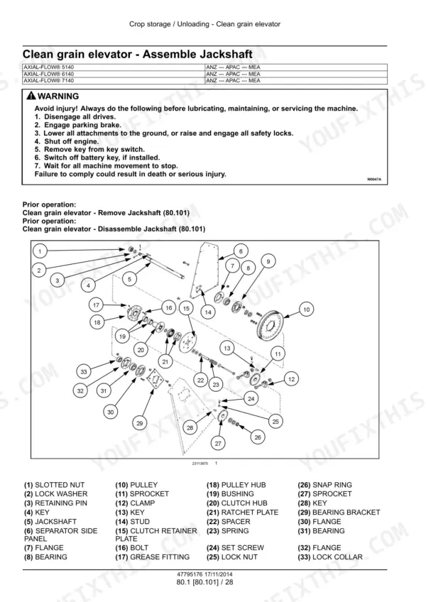 Case IH Axial-Flow 5140, 6140, 7140 combine clean grain elevator jackshaft assembly exploded view with parts list