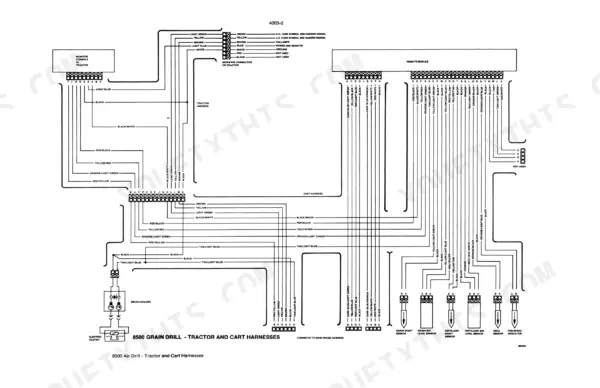case-ih-8500-grain-drill-service-manual-8-66000-wiring-47.webp Case IH 8500 Grain Drill wiring diagram showing tractor and cart harness connections, monitor console, and sensors.