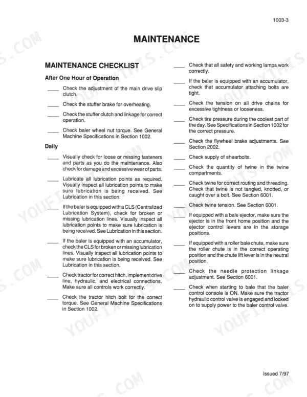 Case IH 8575 maintenance checklist page detailing daily and after one hour of operation inspection procedures.