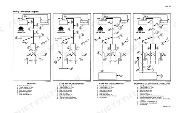 case-ih-8575-baler-accumulator-service-manual-rac-7-81760-wiring-267.webp Case IH 8575 wiring connector diagrams for baler, bale ejector, and accumulator configurations with component identification keys.