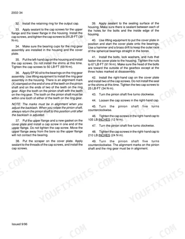 Case IH 8580 service manual procedures for gearbox assembly, ring gear, pinion shaft alignment, and torque specifications.