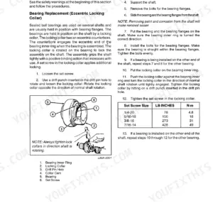 Case IH 8580 bearing replacement procedure with eccentric locking collar diagram, component list, and set screw torque table.