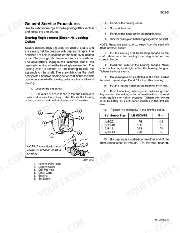 case-ih-8580-large-rectangular-baler-service-manual-rac-7-81140-exploded-view-23.webp Case IH 8580 bearing replacement procedure with eccentric locking collar diagram, component list, and set screw torque table.
