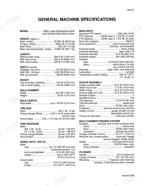 Case IH 8580 Large Rectangular Baler general machine specifications table including dimensions, weights, and component settings.