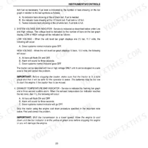 Case IH 8910, 8920 operator manual page explaining fuel, system voltage, and exhaust temperature bar indicator controls.