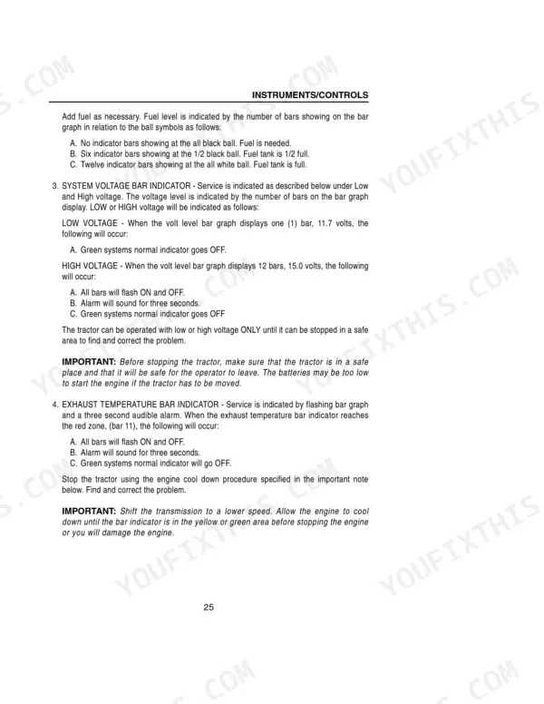 case-ih-8910-8920-tractor-operator-manual-9-29002-controls-32.webp Case IH 8910, 8920 operator manual page explaining fuel, system voltage, and exhaust temperature bar indicator controls.