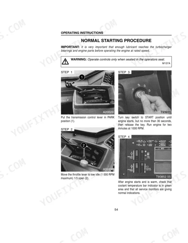 Case IH 8910, 8920 normal engine starting procedure steps including transmission, throttle, key switch, and monitor checks.