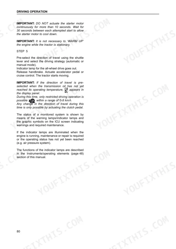 Case IH CVX 140-195 driving operation procedures, starter motor usage, transmission oil temperature, and indicator lamp warnings.