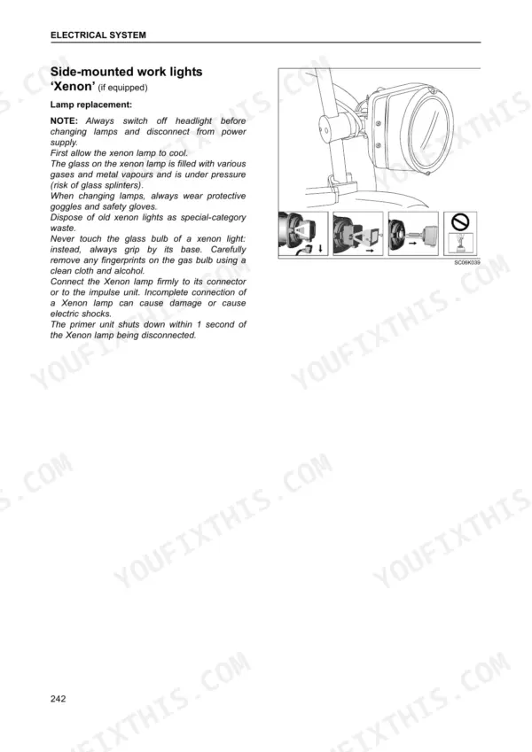Case IH CVX 140-195 manual: Side-mounted Xenon work light replacement procedure and component removal diagram.
