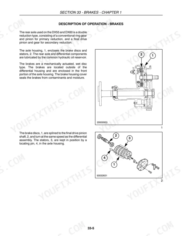 case-ih-dx55-dx60-tractor-repair-manual-84140461-brakes-627.webp Case IH DX55, DX60 tractor Brakes description of operation: rear axle housing with brake discs and stators