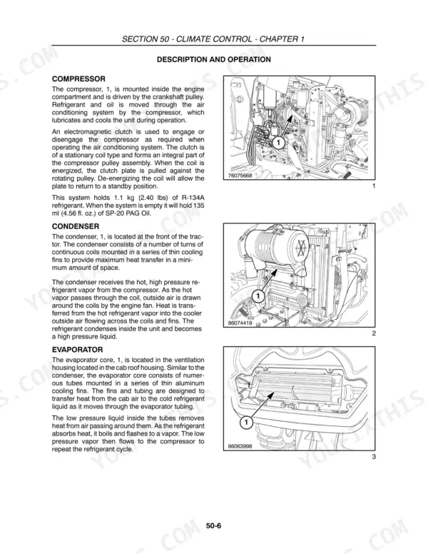 Case IH DX55, DX60 tractor Climate control description and operation: compressor, condenser and evaporator