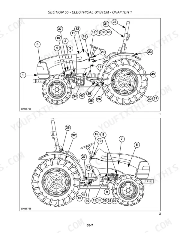 Case IH DX55, DX60 tractor Electrical system component locations on the tractor, left and right side views