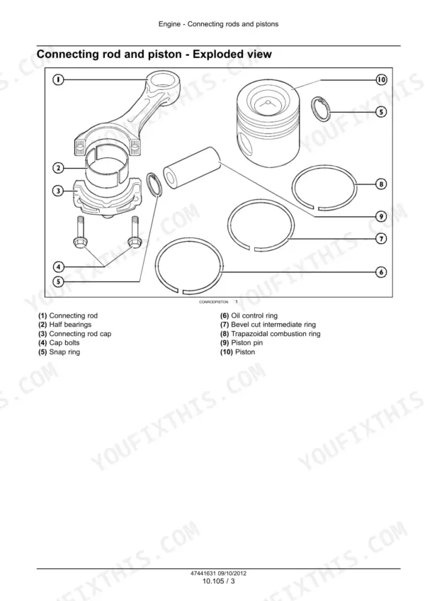 Case IH F2CFA614B, F2CFA614C exploded view diagram of engine connecting rod, piston, rings, and bearing components.